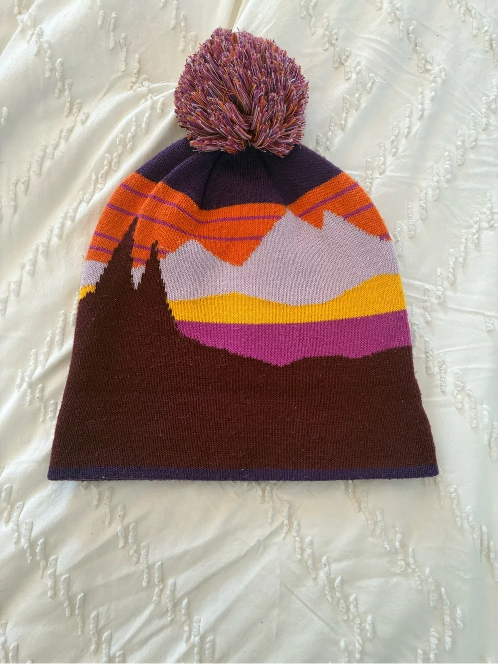L.L. Bean  mountain Kids Knit Pom Beanie - Purple, Orange, Yellow